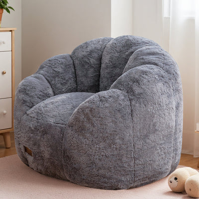 MAXYOYO Kids Bean Bag Chair, Floral Shaped Bean Bag Sofa, Plush Faux Fur Toddler Couch with Petal Backrest for Boys Girls, Stuffed Cozy Sofa for Nursery, Bedroom, Grey