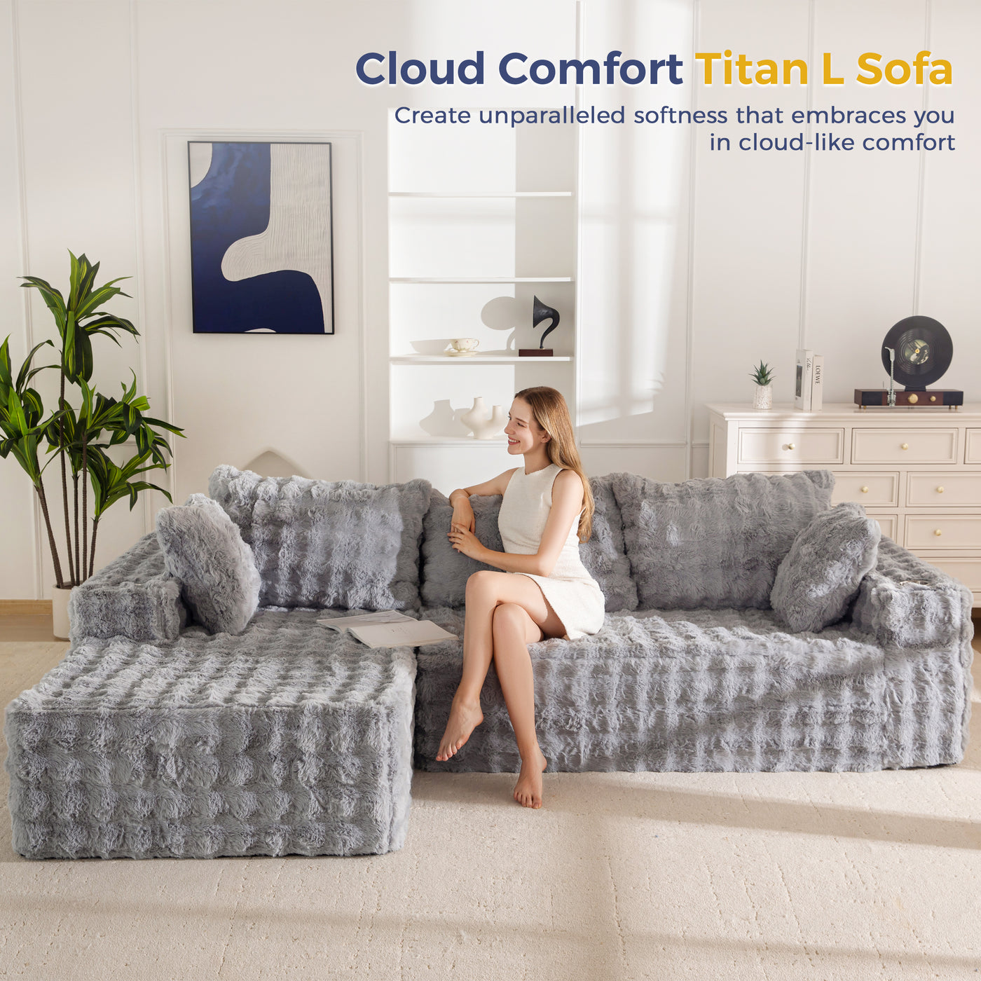 MAXYOYO 104" Modular Sectional Couch with L-Shape Chaise, Modern Boneless Couch for Living Room, Sofa in A Box, Oversized Sofa Sleeper with Deep Seat, No Assembly Required, Grey