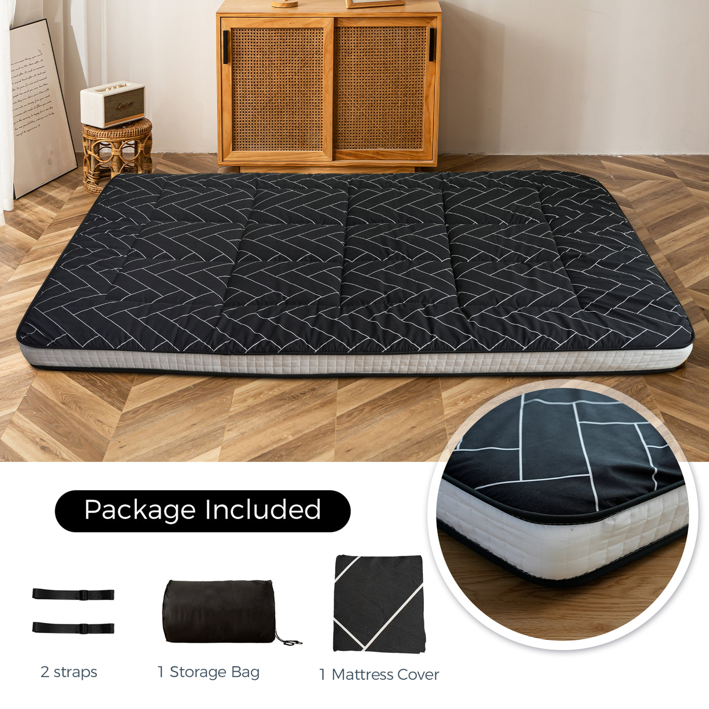 MAXYOYO Futon Mattress Japanese Floor Mattress, Black Geometric Pattern Futon Mattress