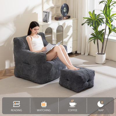MAXYOYO Tufted Bean Bag Chair with Ottoman, Corduroy Bean Bag Couch Lazy Chair with Filler for Adult, Grey