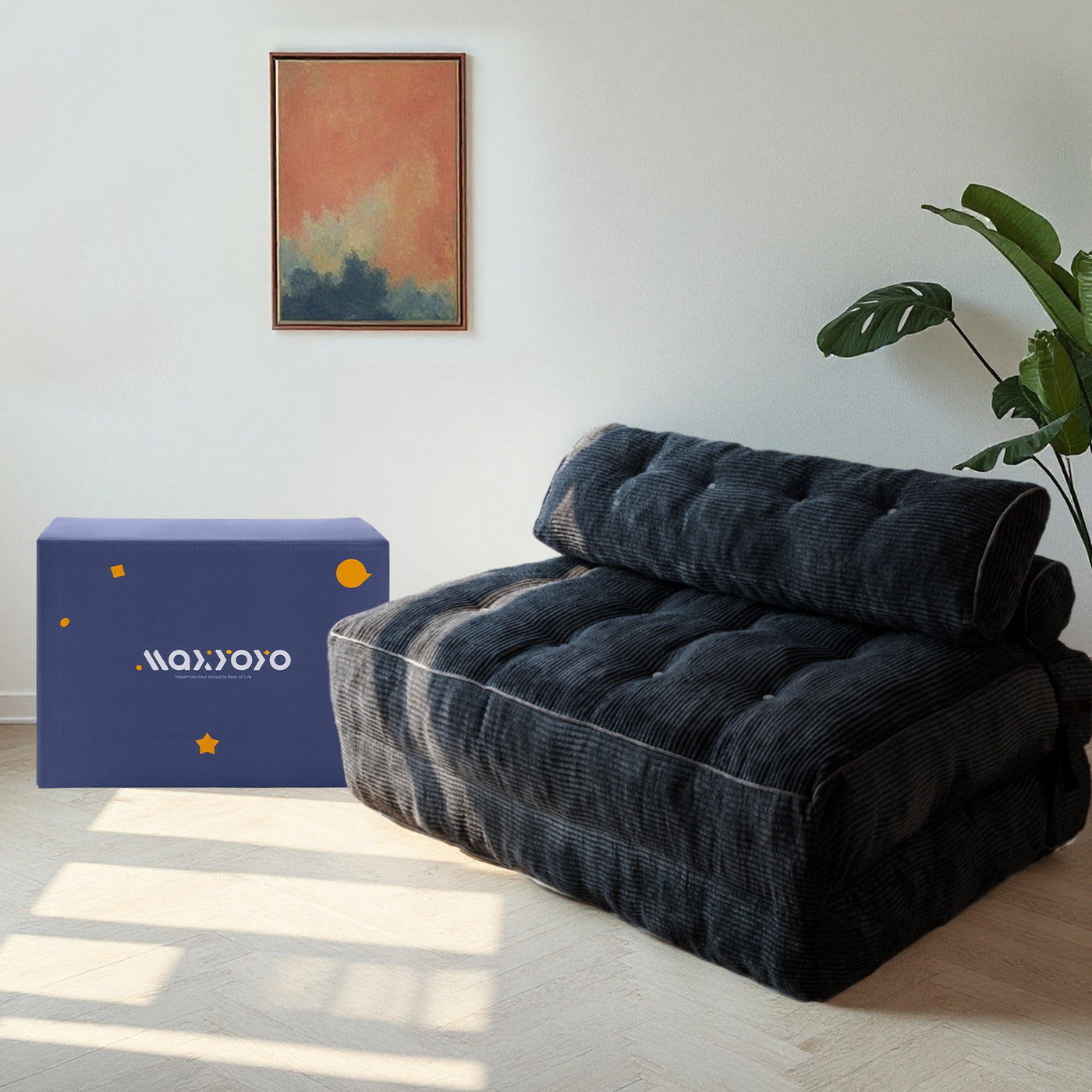 MAXYOYO Corduroy Folding Sofa Bed, Convertible Sleeper Chair with Pillow Foldable Mattress with Back Support(Double), Black