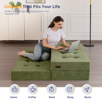 MAXYOYO Tri-Fold Mattress, 6 Inch Tufted Folding Mattress with Chenille Fabric, Portable Queen Size Floor Guest Mat for Adults, Foldable Topper for Camping