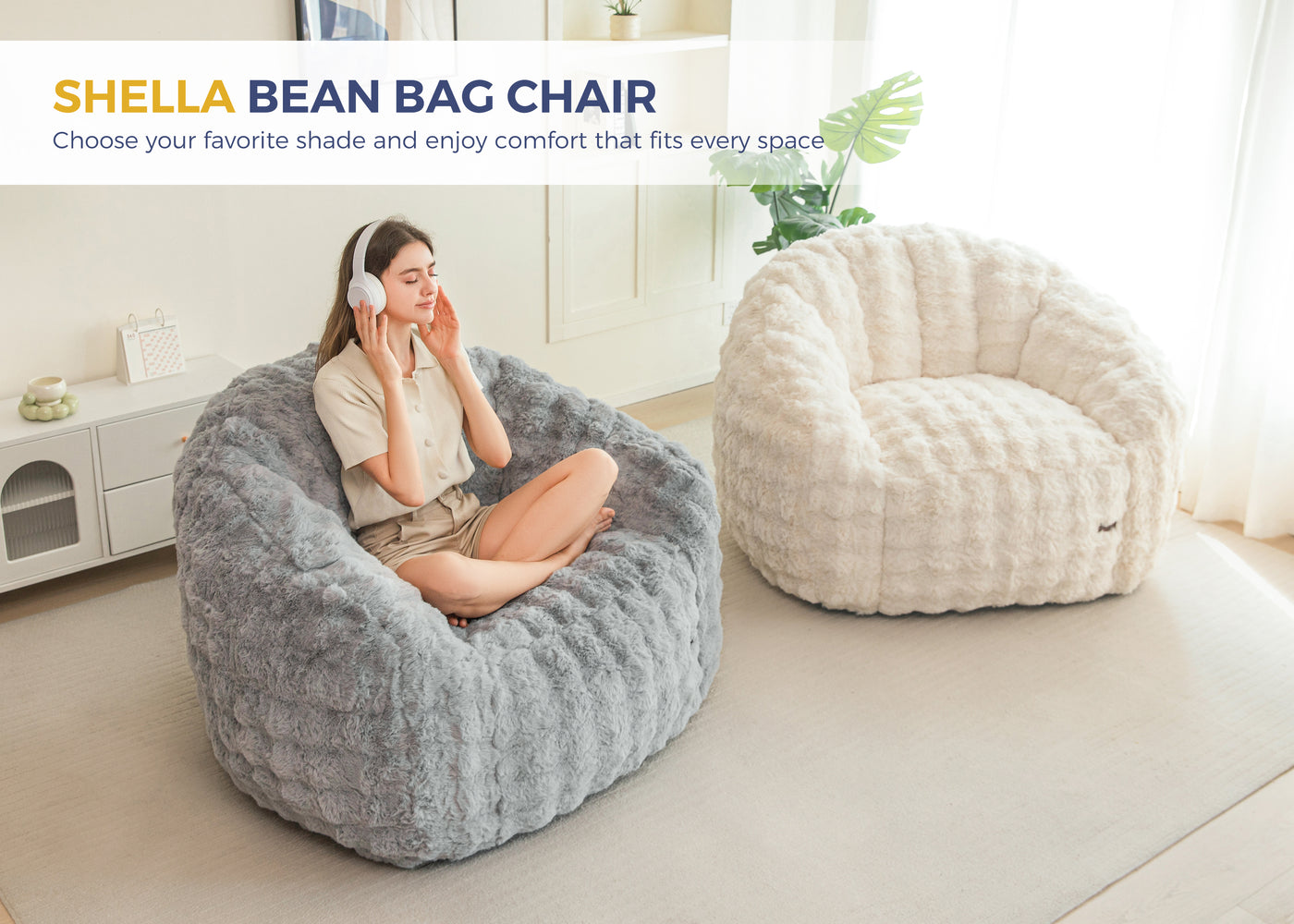 MAXYOYO Giant Bean Bag Chair for Adults, Stuffed Shell-Shaped Large Bean Bag Couch, Cozy Living Room Chair with Filler, Floor Sofa Lazy Sofa for Bedroom Living Room