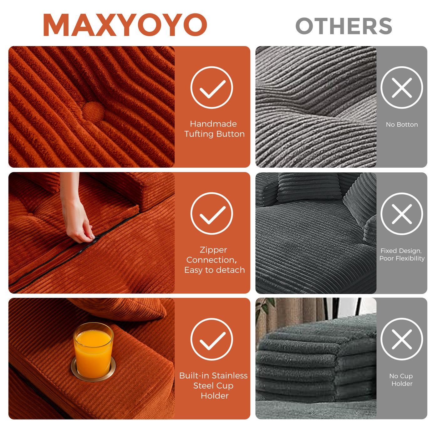 MAXYOYO Modular Sectional Chaise Lounge Sofa, Upholstered Lounge Chair with Pillows Indoor, Tufted Boneless Sofa Couch with Ottoman, Deep Seat Sleeper Chair for Living Room, No Assembly