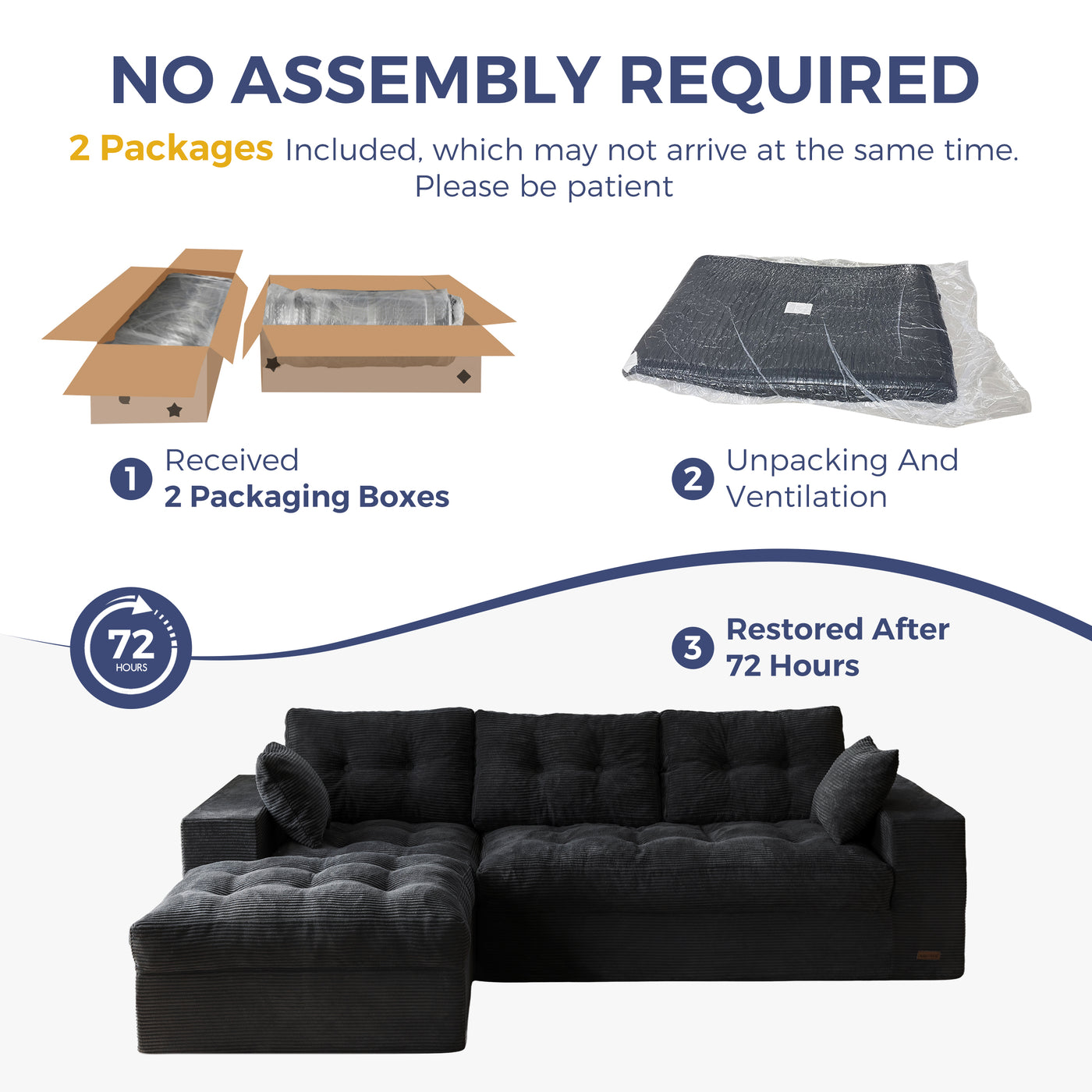 MAXYOYO L Shaped Sectional Sofa with Ottoman, Cloud Boneless Couch with Layered Cushion, Upholstered Modular Sofa with Tufting, Flexible Module Combination for Living Room, No Assembly Required, Black