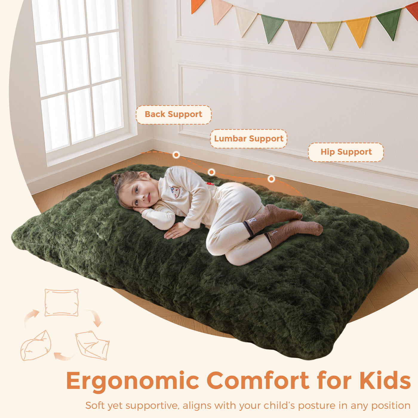 MAXYOYO 3 in 1 Kids Bean Bag Chair Bed, Child Floor Sofa for Gaming, Reading, Faux Fur Floor Mattress with High-Density Foam Filling for Living Room Bedroom