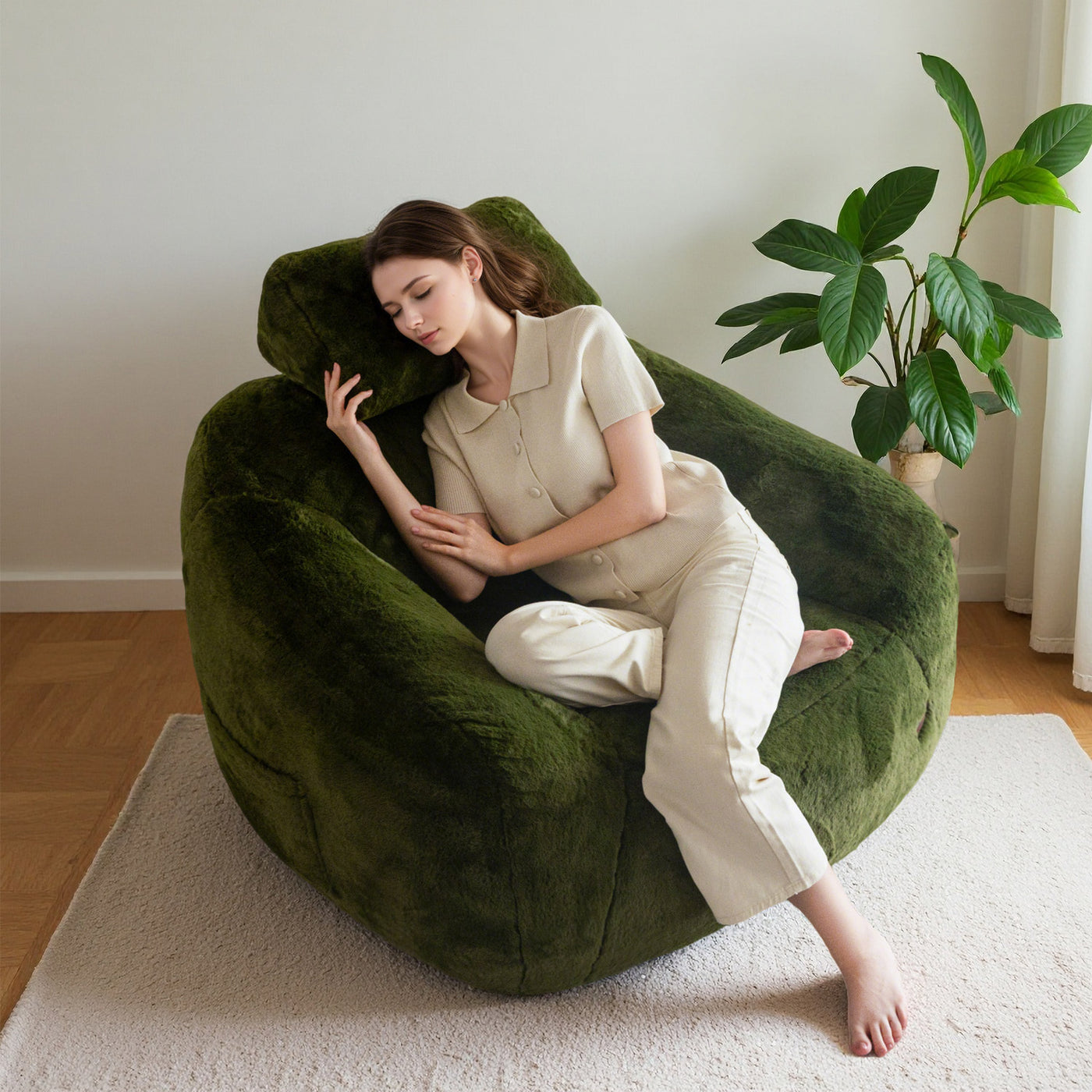 MAXYOYO Bean Bag Chair with Pillow - Plush Giant Bean Bag Chair Couch with Headrest (Zippered Link Pillow), Green