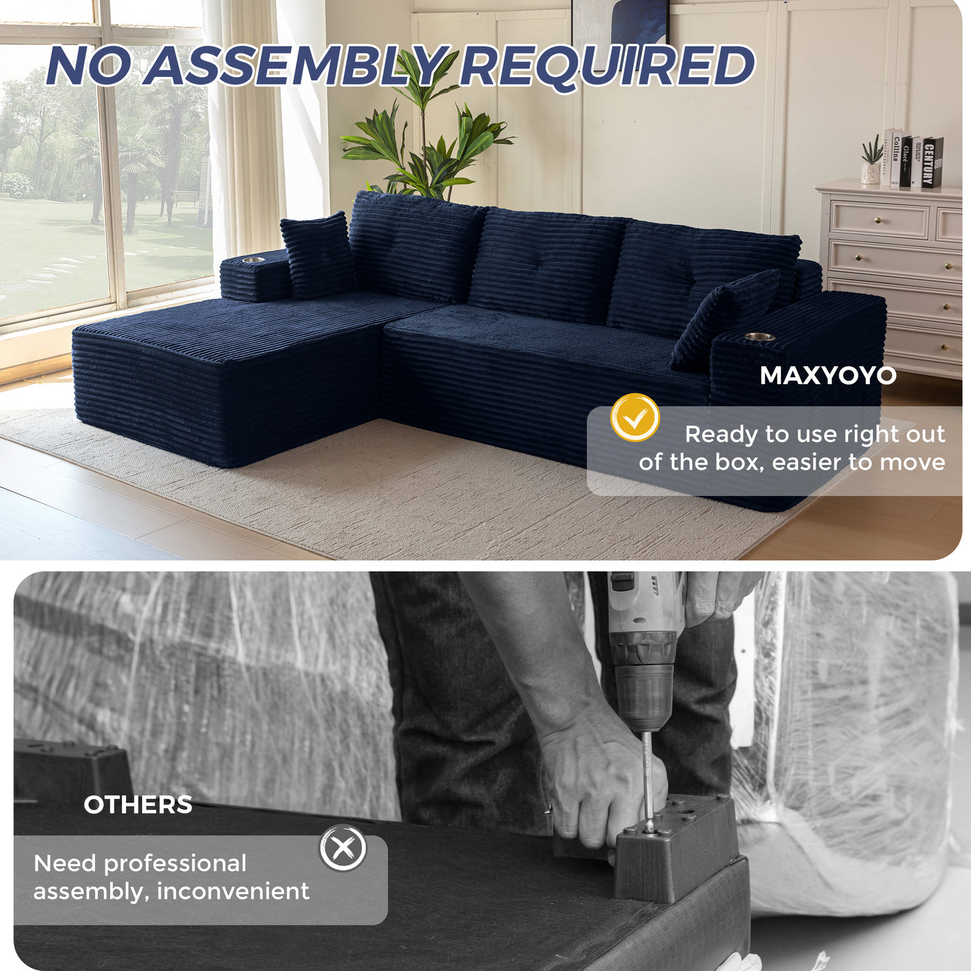 MAXYOYO 104" Modular Sectional Couch with L-Shape Chaise, Modern Boneless Couch for Living Room, Sofa in A Box, Oversized Sofa Sleeper with Deep Seat, No Assembly Required, Navy