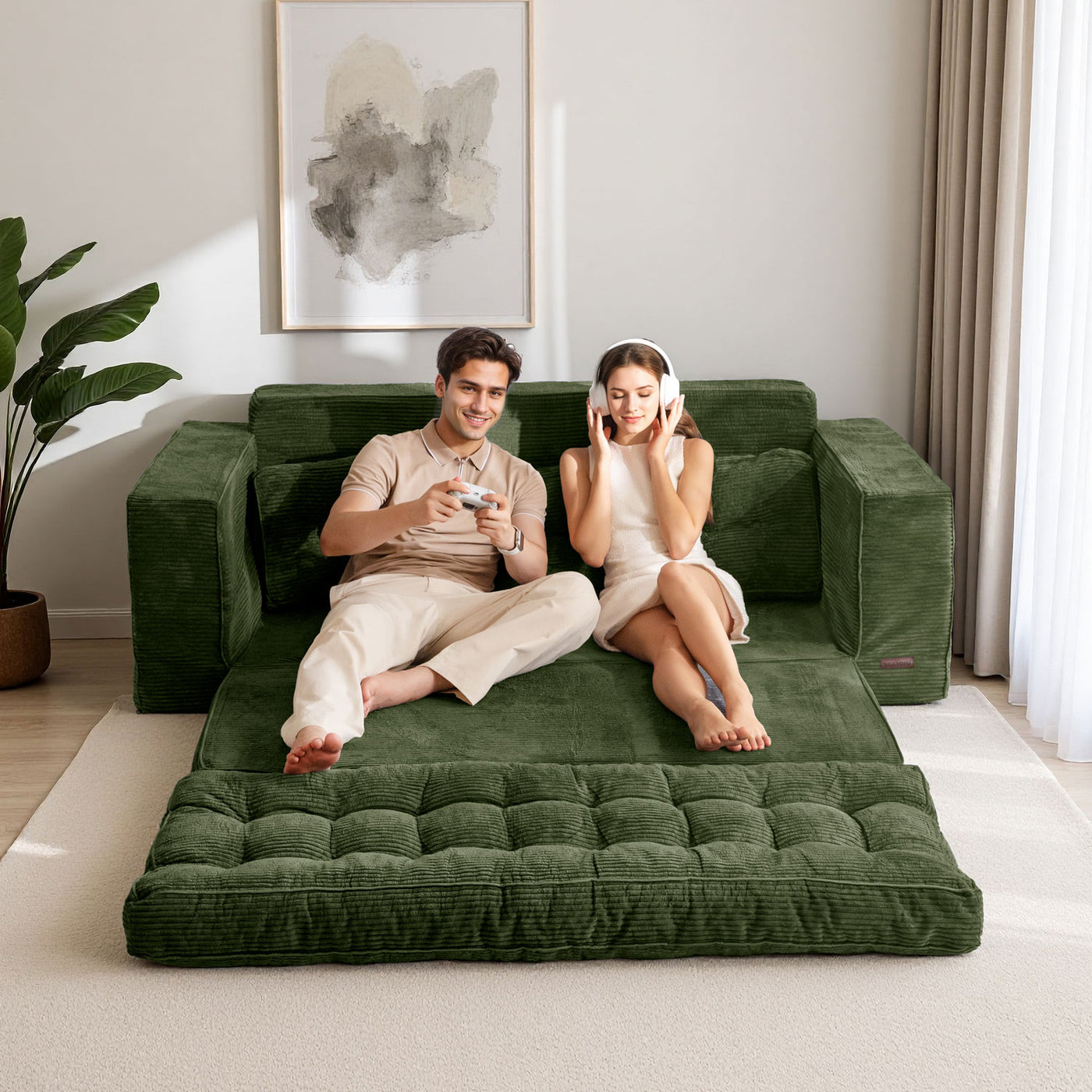 MAXYOYO 3-Seater Convertible Sofa Bed – Corded 2-in-1 Pull-Out Floor Couch with Pillows for Living Room, No Assembly