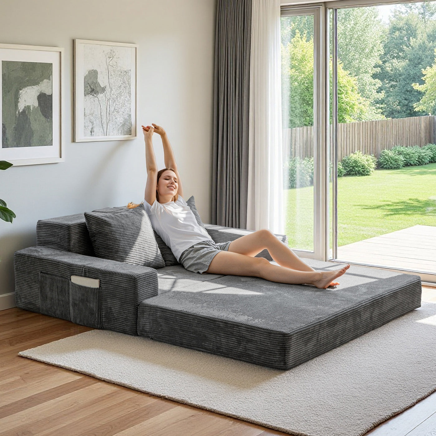 MAXYOYO Loveseat Floor Sofa Bed – Corded 4-in-1 Reclining Couch with Cup Holders & Pillows, Dark Grey