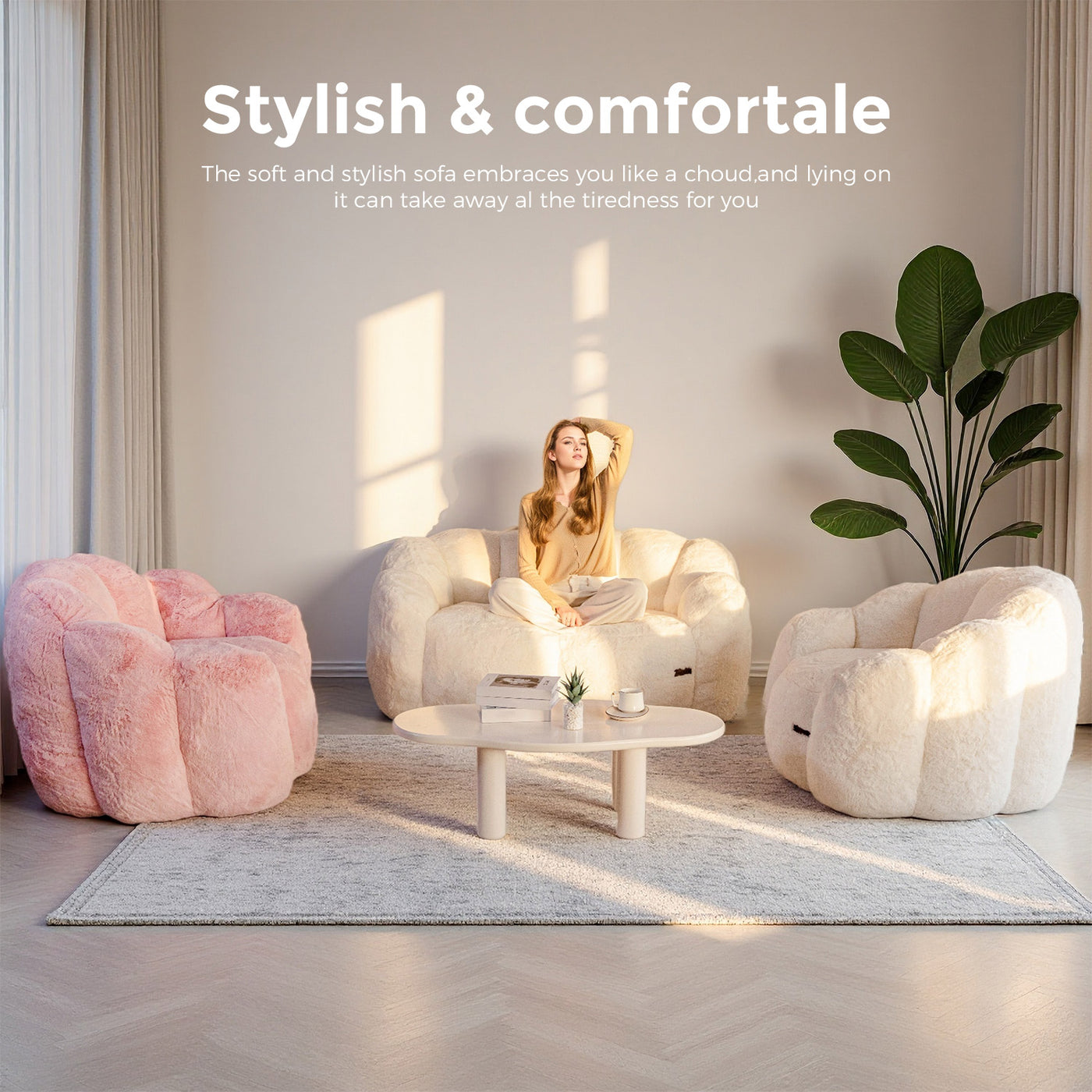MAXYOYO Bean Bag Chair, Floral Shape Ultra Soft Faux Fur Petal Back Sofa for Adults, Single Size (Beige)