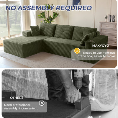 MAXYOYO 104" Modular Sectional Couch with L-Shape Chaise, Modern Boneless Couch for Living Room, Sofa in A Box, Oversized Sofa Sleeper with Deep Seat, No Assembly Required, Green