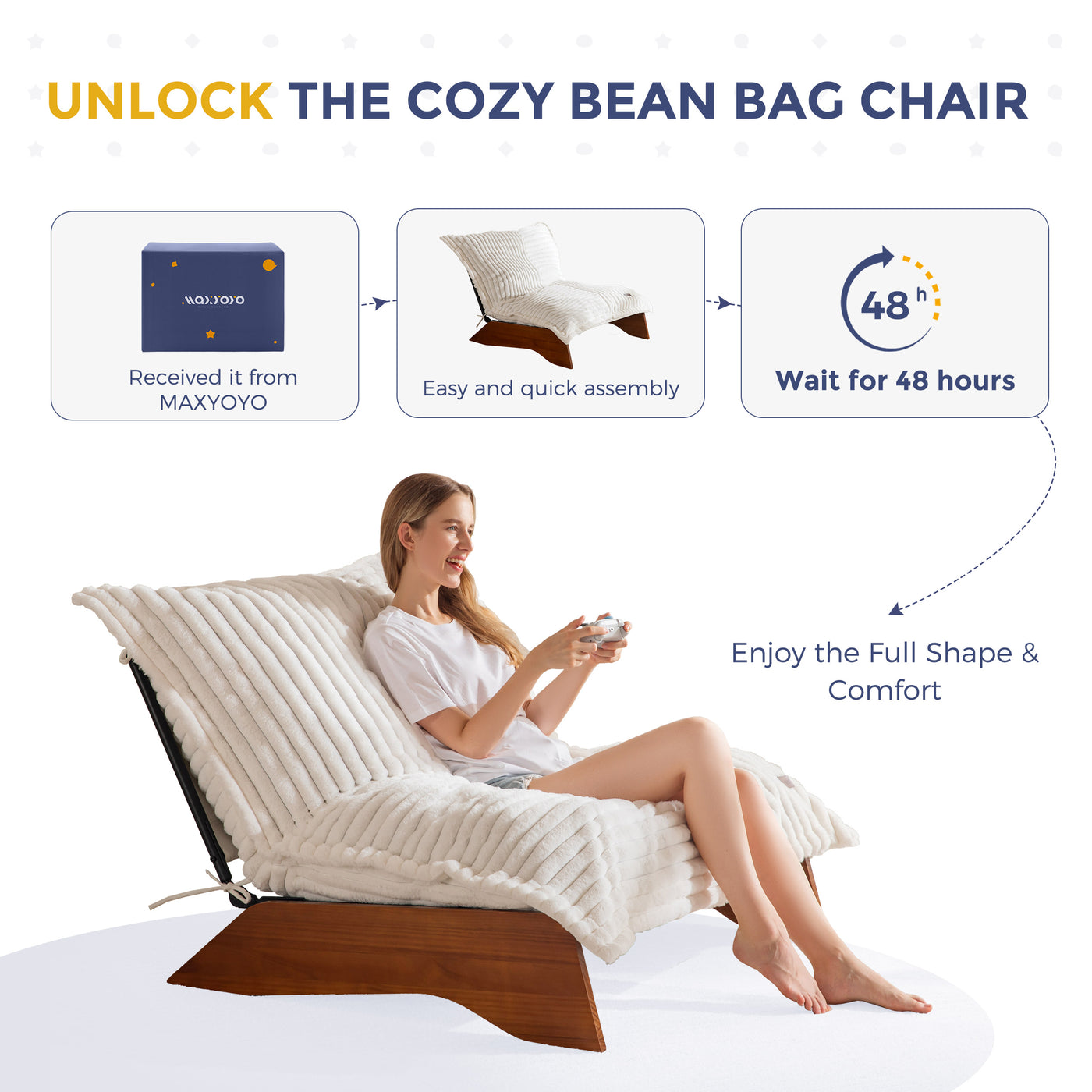 MAXYOYO Adjustable Living Room Chair, 3-Position Bean Bag Chair with Removable Cover, Upholstered Accent Chair with Frame, Soft Reclining Lounge for Bedroom, Apartment, Office
