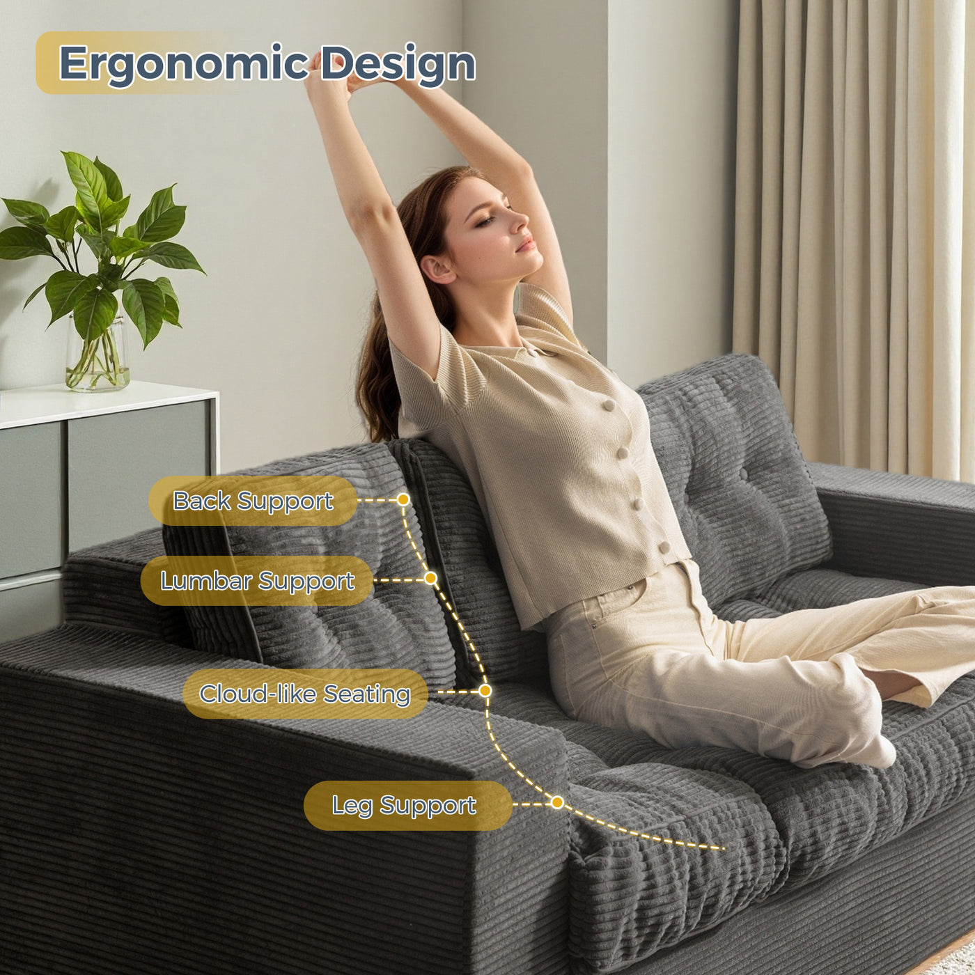 MAXYOYO 3 Seater Couch for Living Room - Boneless Couch, Sofa in A Box, No Assembly Required, Dark Grey