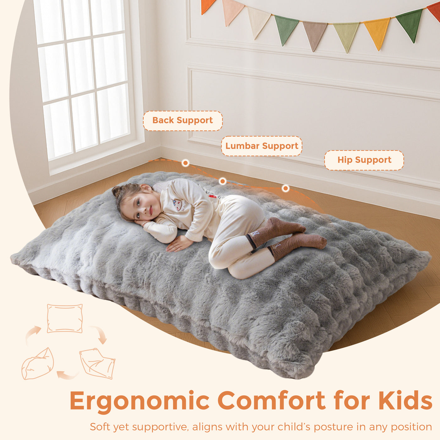 MAXYOYO 3 in 1 Kids Bean Bag Chair Bed, Child Floor Sofa for Gaming, Reading, Faux Fur Floor Mattress with High-Density Foam Filling for Living Room Bedroom