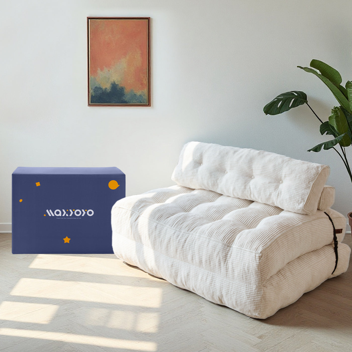 MAXYOYO Corduroy Folding Sofa Bed, Convertible Sleeper Chair with Pillow Foldable Mattress with Back Support(Double), Beige