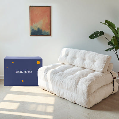 MAXYOYO Corduroy Folding Sofa Bed, Convertible Sleeper Chair with Pillow Foldable Mattress with Back Support(Double), Beige