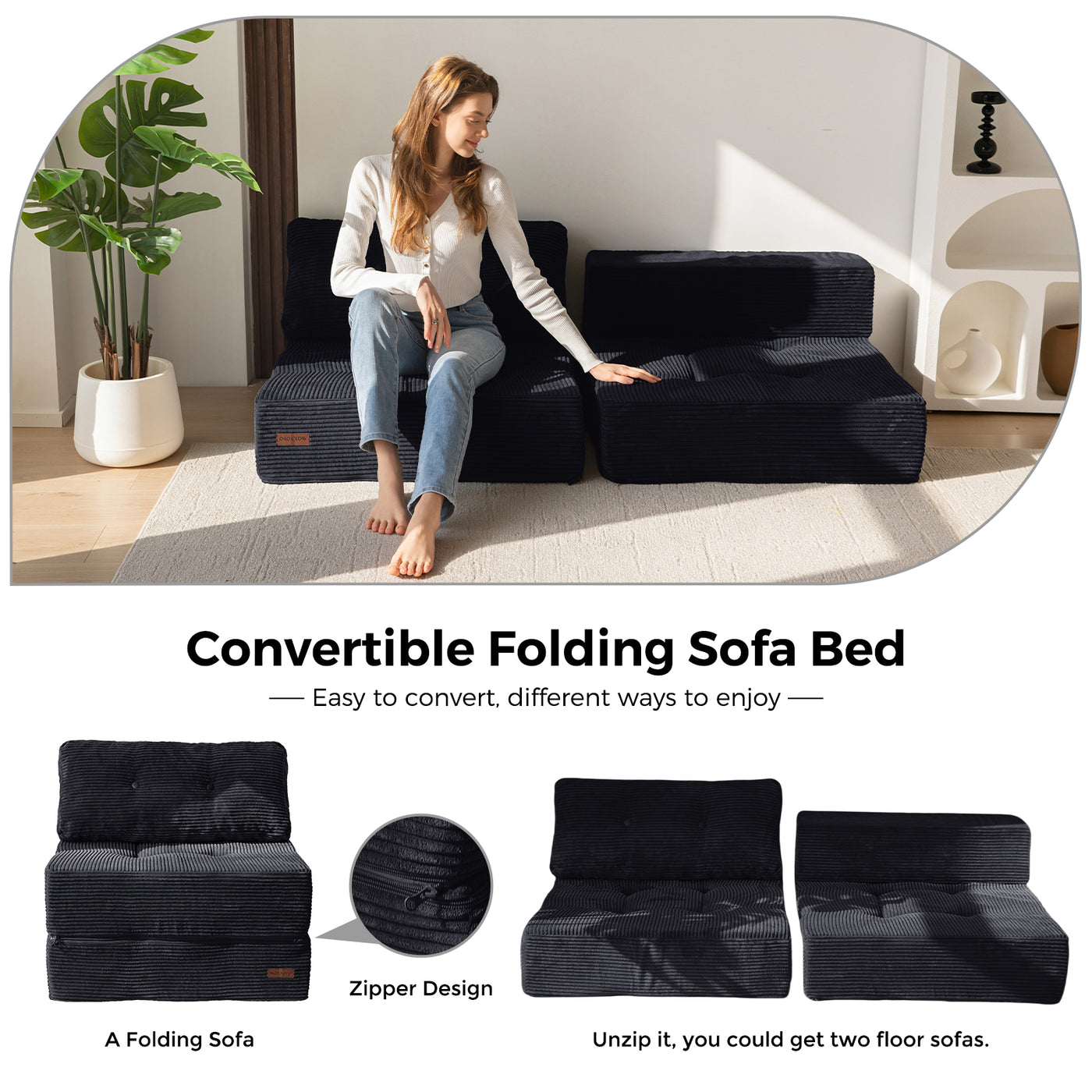 MAXYOYO Folding Sofa Bed, Convertible Sofa Bed with High-Density Support Foam for Living Room Bedroom, Black
