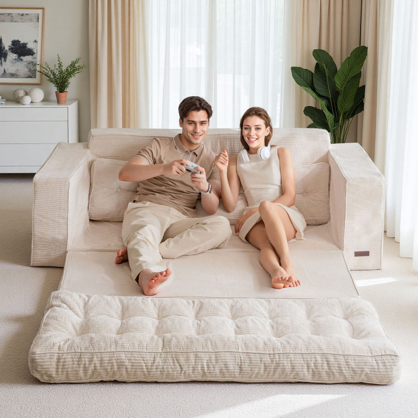 MAXYOYO 3-Seater Convertible Sofa Bed – Corded 2-in-1 Pull-Out Floor Couch with Pillows for Living Room, No Assembly