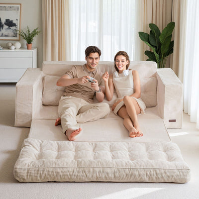 MAXYOYO 3-Seater Convertible Sofa Bed – Corded 2-in-1 Pull-Out Floor Couch with Pillows for Living Room, No Assembly