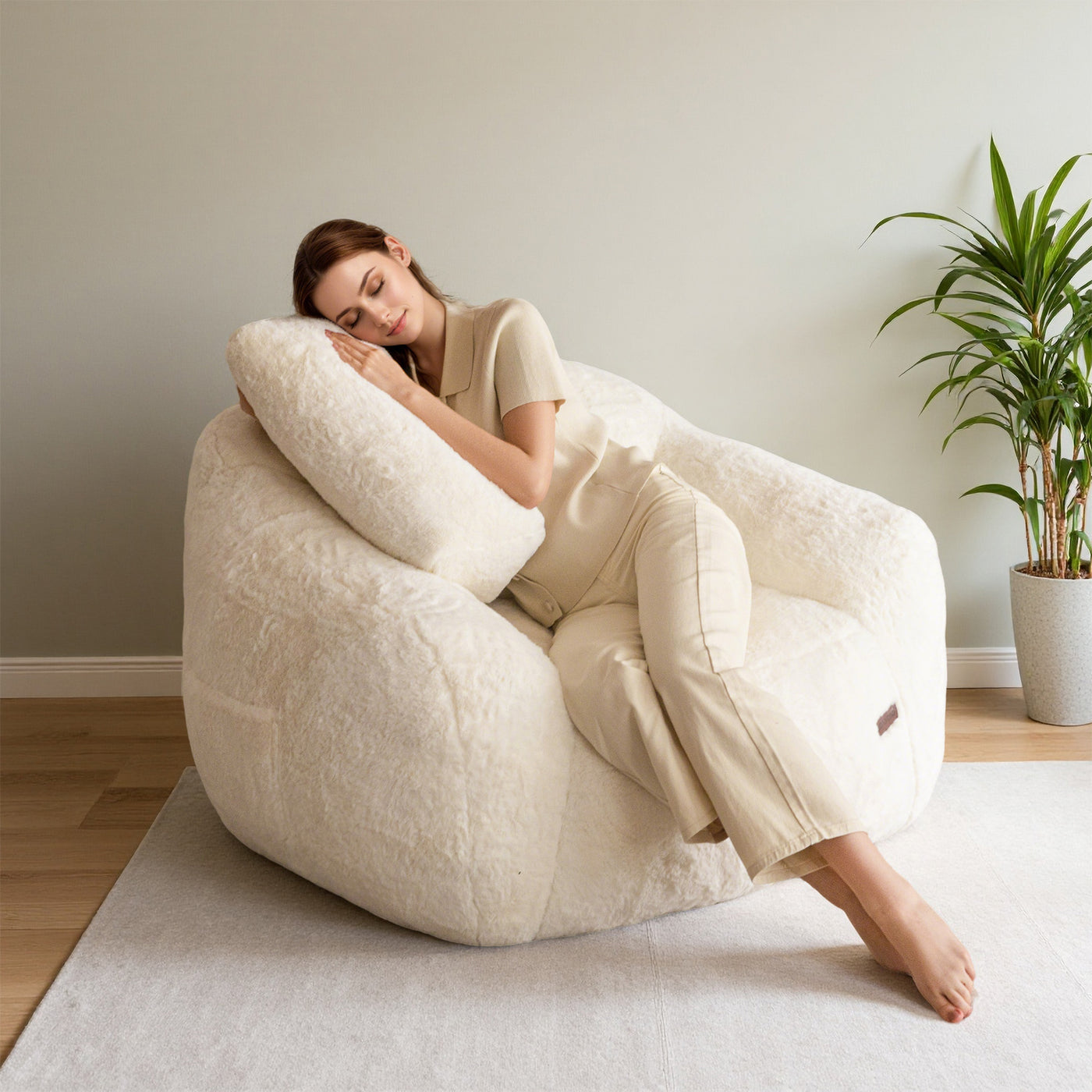 MAXYOYO Giant Bean Bag Chair with Pillow - Plush Huge Bean Bag Chair Couch (Zippered Link Pillow), Beige