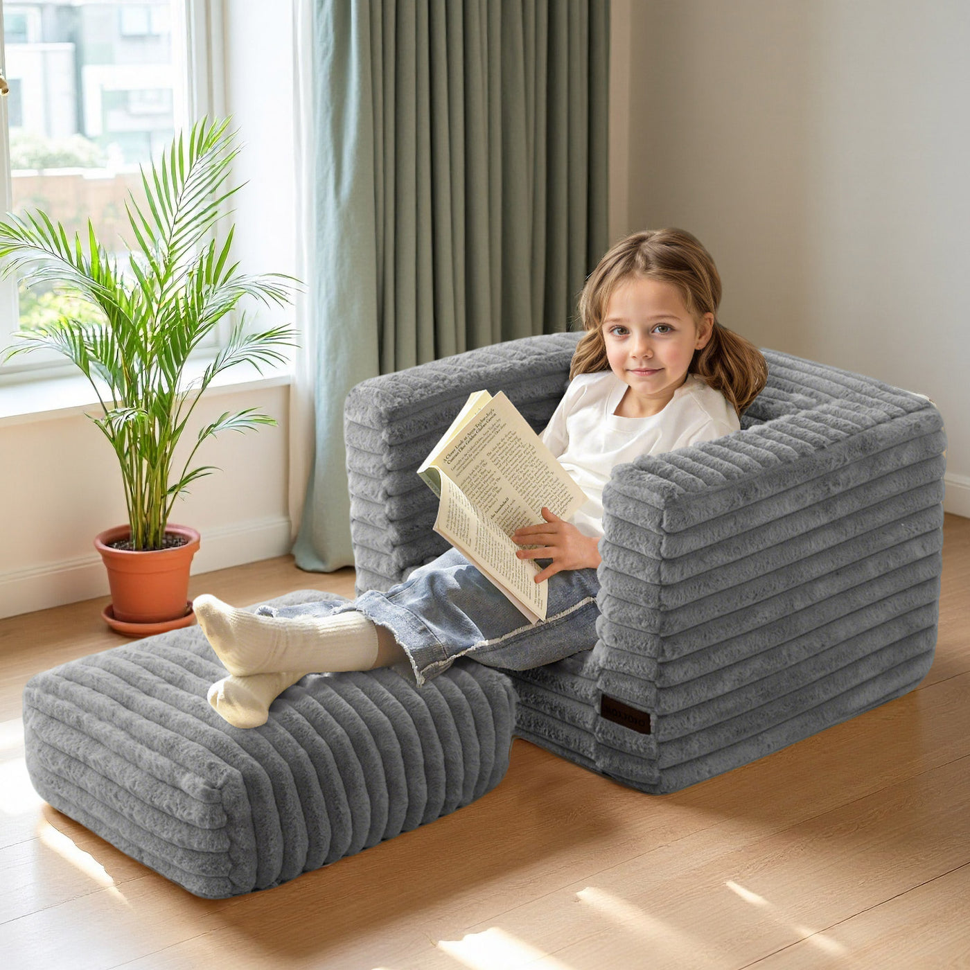 MAXYOYO Kids Bean Bag Chair - Upholstered Floor Sofa with Pillows and Armrests, Grey
