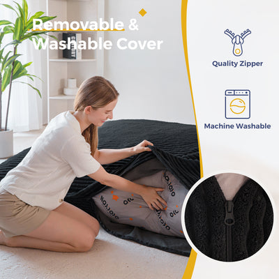 MAXYOYO Giant Bean Bag Chair with Pillow, 3 in 1 Convertible Bean Bag Bed for Adults with Washable Cover, Removable Floor Cushion Stuffed Floor Lounger for Living Room Bedroom, Black
