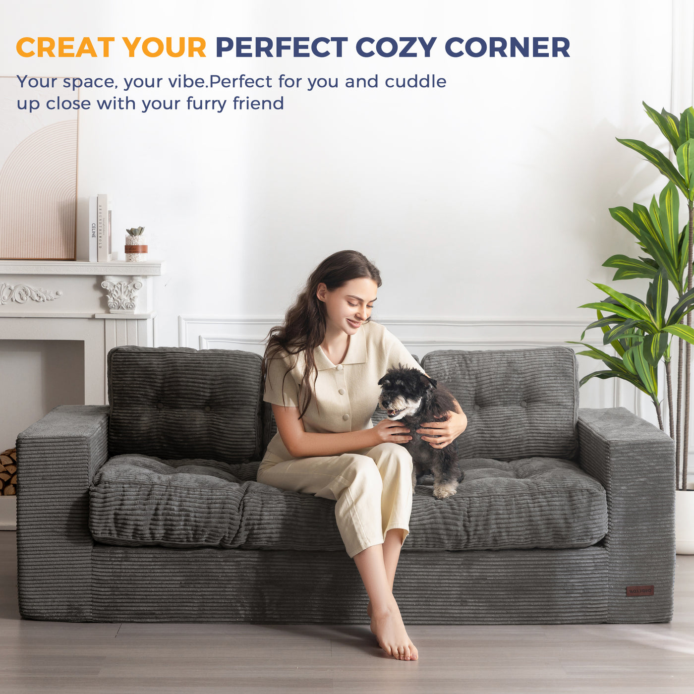 MAXYOYO 3 Seater Couch for Living Room, Boneless Couch with Tufted Cushion & Backrest, Upholstered Floor Sofa with Armrests, Sofa in A Box, No Assembly Required