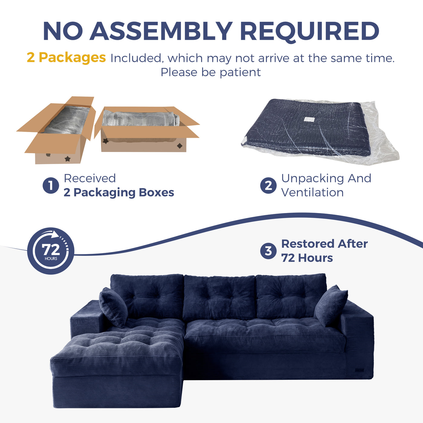 MAXYOYO L Shaped Sectional Sofa with Ottoman, Cloud Boneless Couch with Layered Cushion, Upholstered Modular Sofa with Tufting, Flexible Module Combination for Living Room, No Assembly Required, Navy