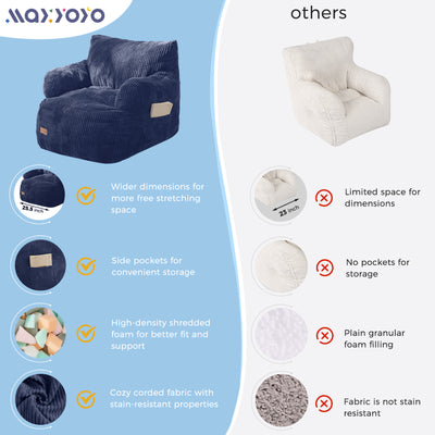 MAXYOYO Kids Bean Bag Chair, Stuffed Toddler Bean Bag Sofa with Filler Cozy for Boys and Girls, Lazy Sofa with Pocket Floor Chair for Gaming, Reading, Navy