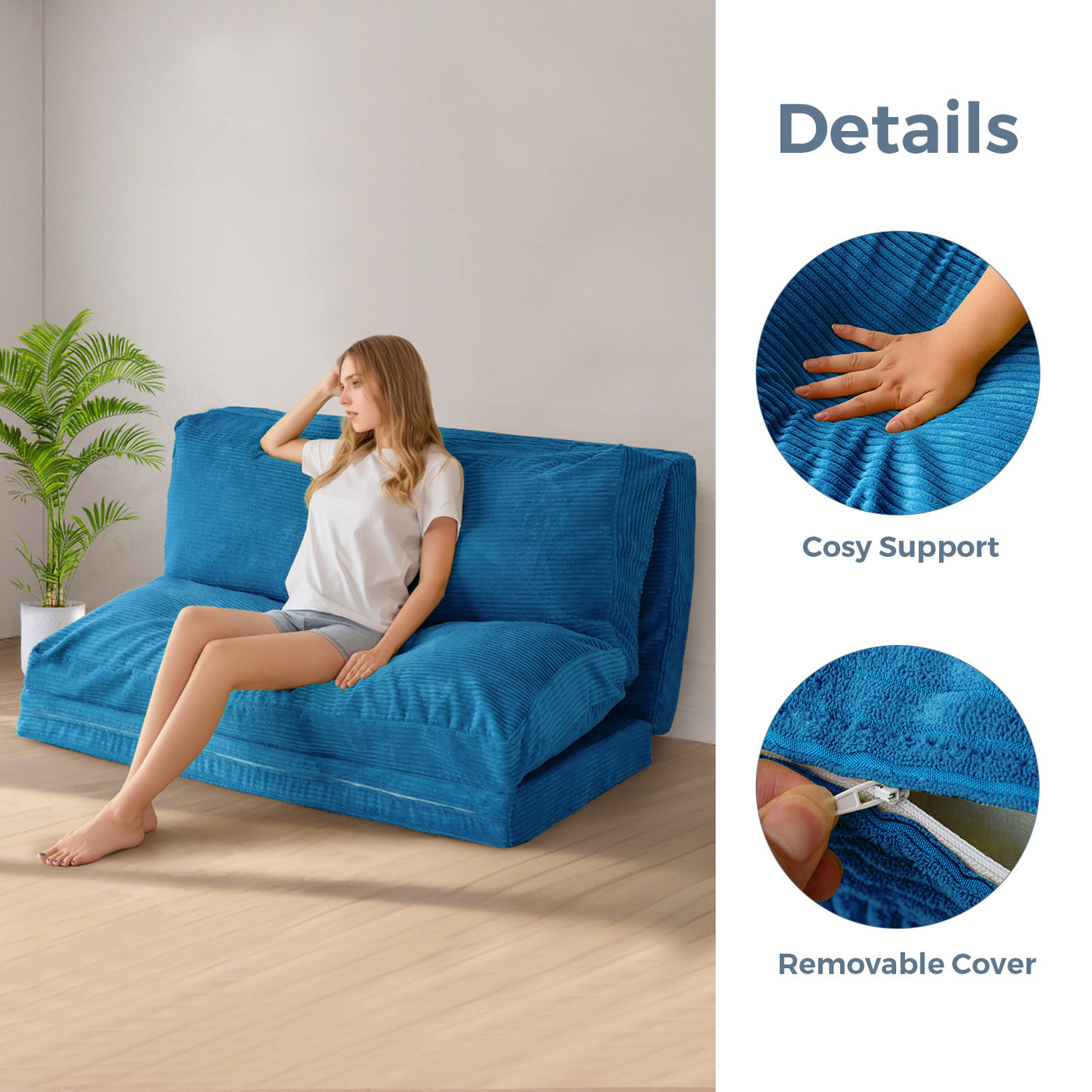 MAXYOYO Bean Bag Folding Sofa Bed - Corduroy Floor Sofa, Washable, Blue