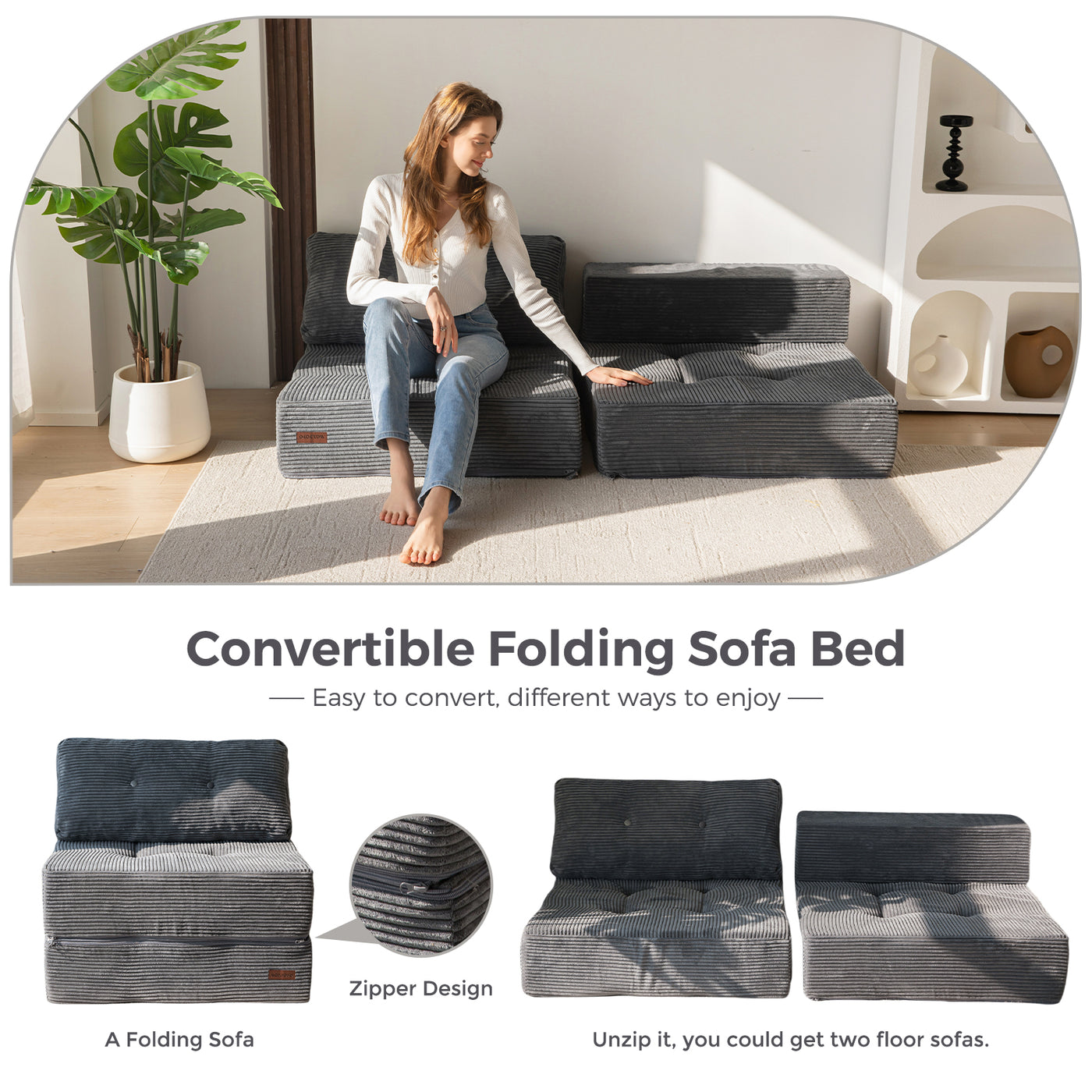 MAXYOYO Folding Sofa Bed, Convertible Sofa Bed with High-Density Support Foam for Living Room Bedroom, Dark Grey