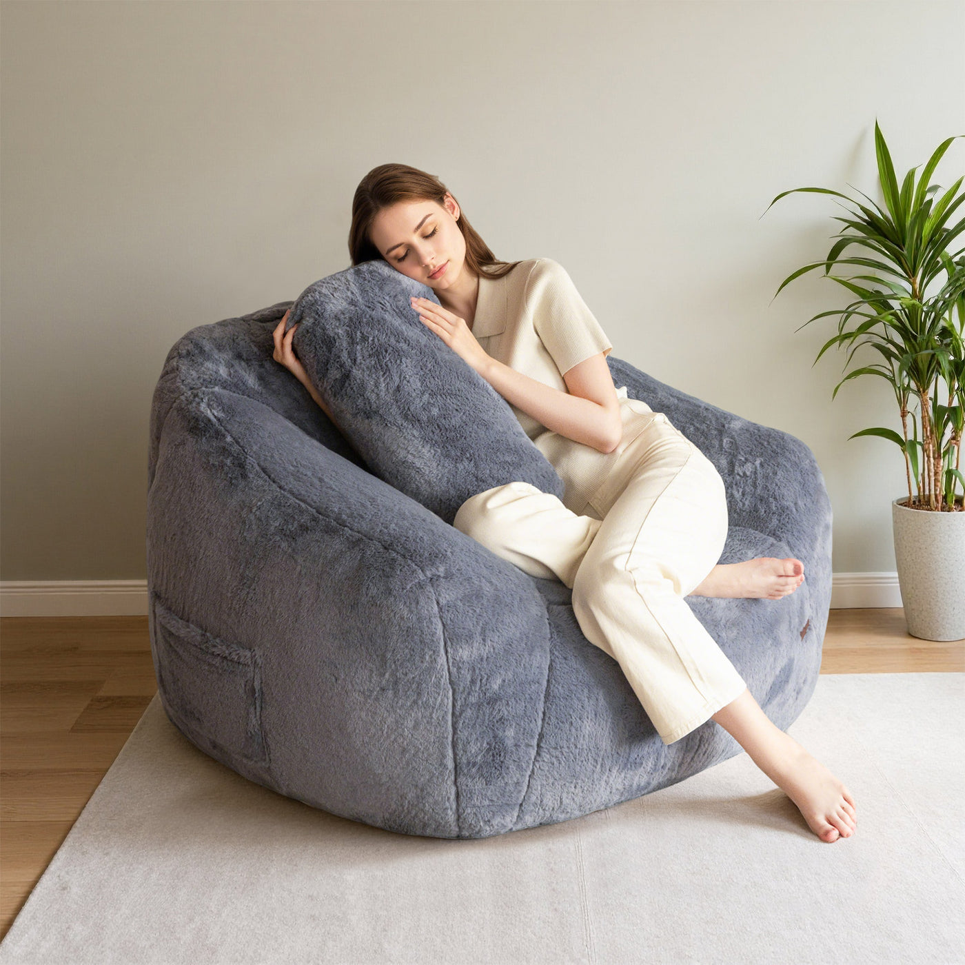 MAXYOYO Giant Bean Bag Chair with Pillow - Faux Fur Ergonomic Bean Bag Chair Couch (Zippered Link Pillow), Dark Grey
