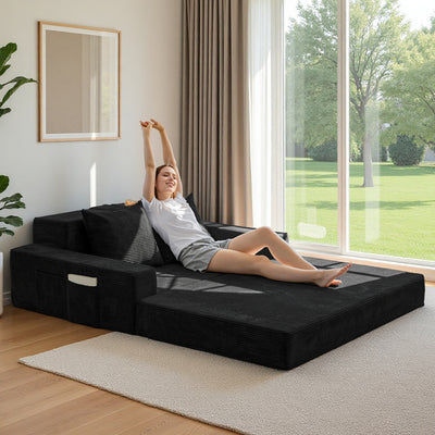 MAXYOYO 4-in-1 Loveseat Foldable Sofa Bed – Corded Convertible Floor Couch with Cup Holders, No Assembly, Black