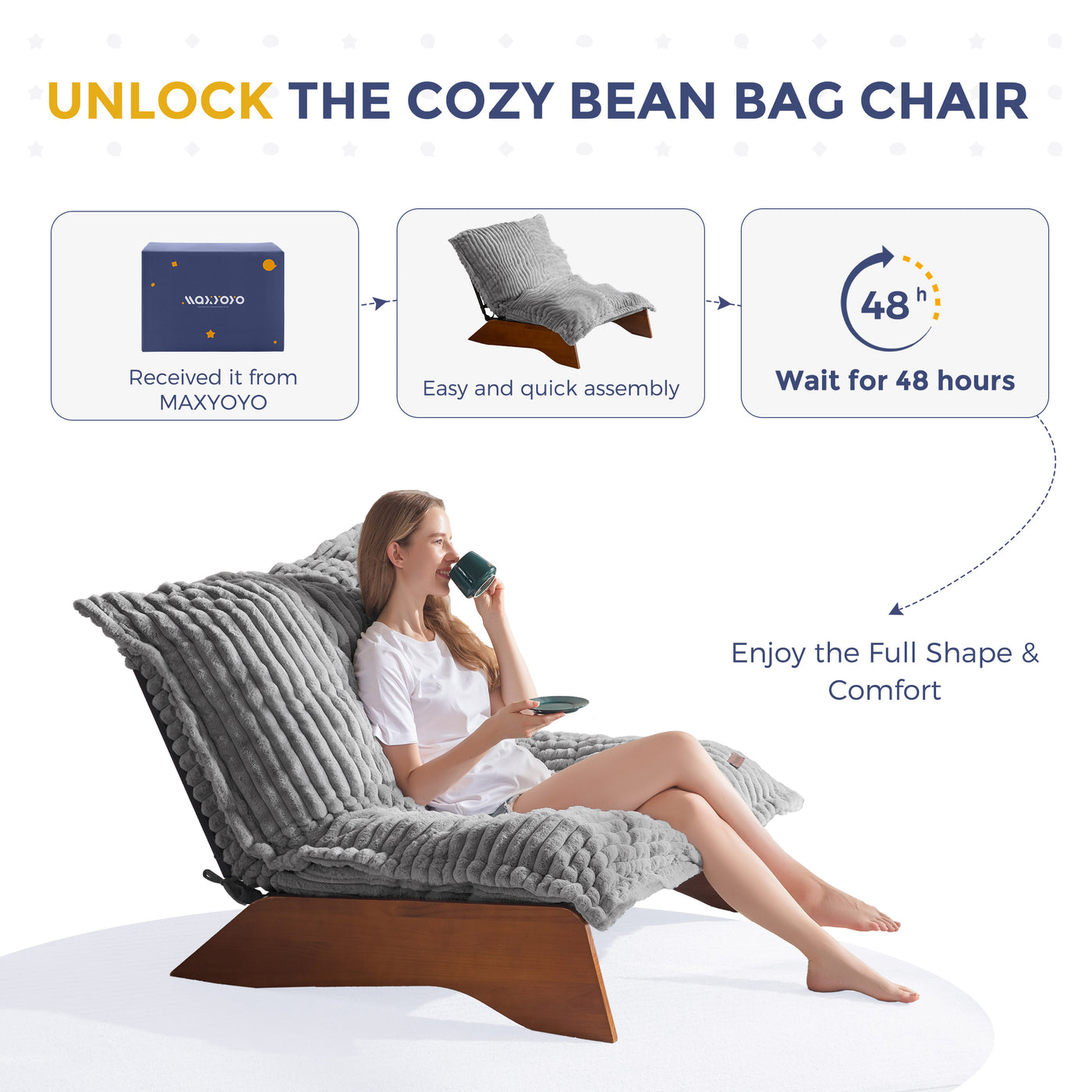 MAXYOYO Adjustable Living Room Chair, 3-Position Bean Bag Chair with Removable Cover, Upholstered Accent Chair with Frame, Soft Reclining Lounge for Bedroom, Apartment, Office