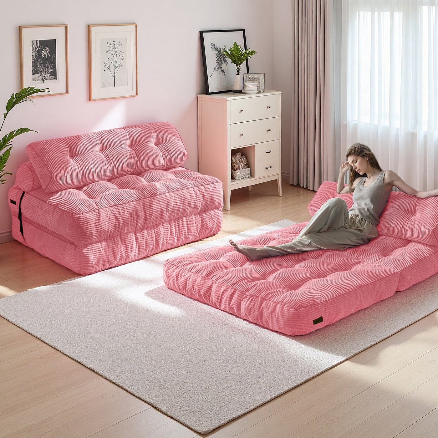 MAXYOYO Corduroy Folding Sofa Bed, Convertible Sleeper Chair with Pillow Foldable Mattress with Back Support(Double), Pink