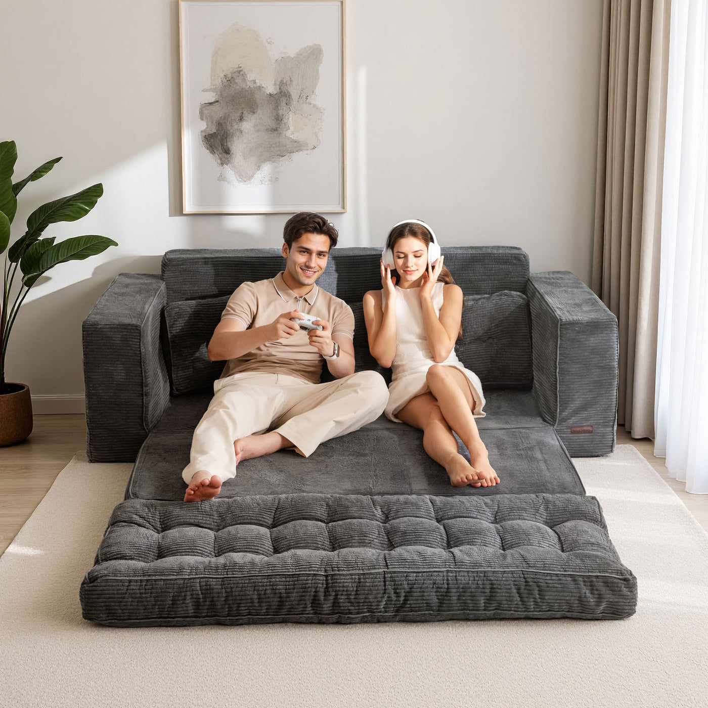 MAXYOYO 3-Seater Convertible Sofa Bed – Corded 2-in-1 Pull-Out Floor Couch with Pillows for Living Room, No Assembly