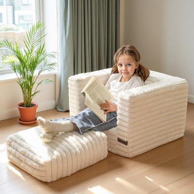 MAXYOYO Kids Bean Bag Chair - Faux Fur Lazy Floor Chair Couch with Pillows and Armrests, Beige