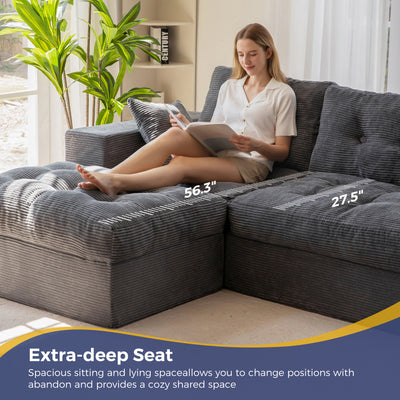 MAXYOYO L Shaped Sectional Sofa with Ottoman, Cloud Boneless Couch with Layered Cushion, Upholstered Modular Sofa with Tufting, Flexible Module Combination for Living Room, No Assembly, Dark Grey
