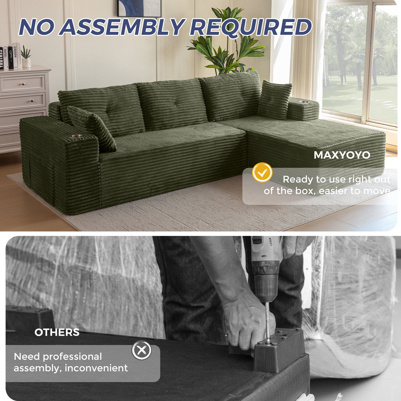 MAXYOYO 104" Modular Sectional Couch with L-Shape Chaise, Modern Boneless Couch for Living Room, Sofa in A Box, Oversized Sofa Sleeper with Deep Seat, No Assembly Required, Green