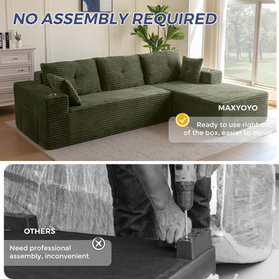 MAXYOYO 104" Modular Sectional Couch with L-Shape Chaise, Modern Boneless Couch for Living Room, Sofa in A Box, Oversized Sofa Sleeper with Deep Seat, No Assembly Required, Green