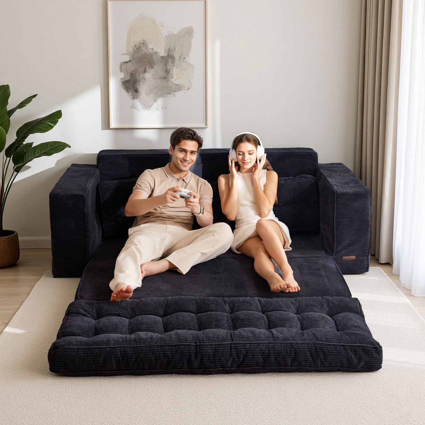 MAXYOYO 3-Seater Convertible Sofa Bed – Corded 2-in-1 Pull-Out Floor Couch with Pillows for Living Room, No Assembly