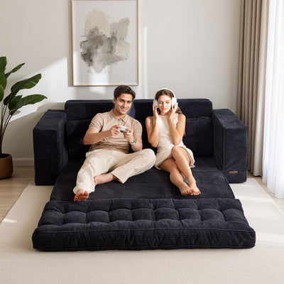 MAXYOYO 3-Seater Convertible Sofa Bed – Corded 2-in-1 Pull-Out Floor Couch with Pillows for Living Room, No Assembly