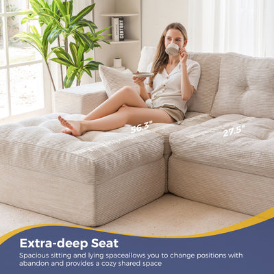 Woman relaxing on a beige sectional sofa with text highlighting the extra-deep seat feature.