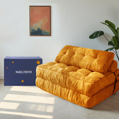 MAXYOYO Corduroy Folding Sofa Bed, Convertible Sleeper Chair with Pillow Foldable Mattress with Back Support(Double), Orange