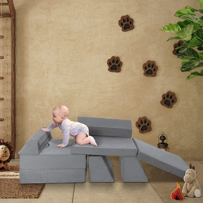 MAXYOYO 10-Piece Modular Convertible Kids Play Couch Sofa Set with Removable Velvet Covers (Grey)