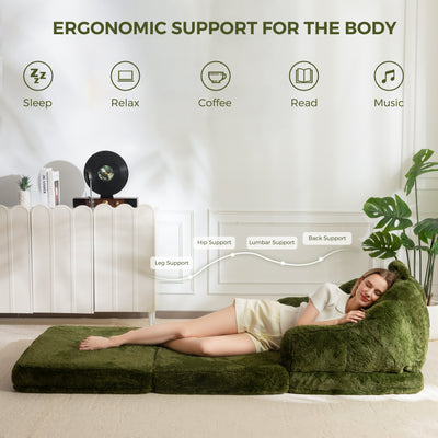 MAXYOYO Folding Sofa Bed, 2 in 1 Convertible Sofa to Lounger Comfy Single Bean Bag Chair for Adults, Floor Sleeper Couch with Handle, Faux Fur Couch Bed for Living Room Bedroom, Green
