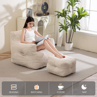 MAXYOYO Tufted Bean Bag Chair with Ottoman, Corduroy Bean Bag Couch Lazy Chair with Filler for Adult, Beige