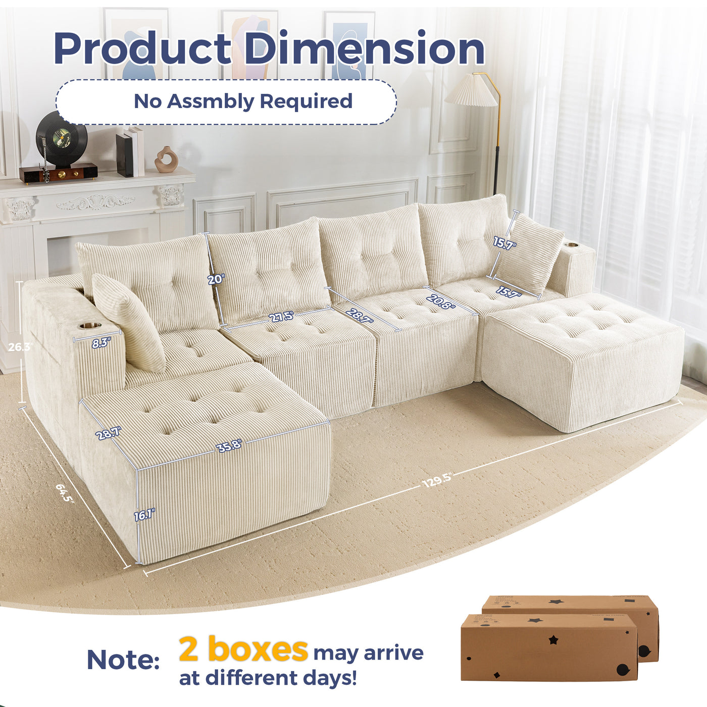 MAXYOYO Modular Sectional Sofa Couch, U Shaped Modern Cloud Couch with 2 Ottomans, Sofa in A Box, Tufted 6-Seat Boneless Sleeper Chair for Living Room, No Assembly Required, Beige