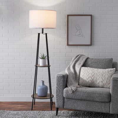 Floor Lamp with 2 Wood Shelves Matte Black Floor Lamp